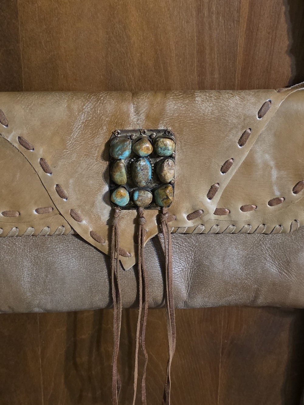 KURTMEN DESIGNS Handcrafted Brown Leather Turquoise Stone Crossbody/Clutch
